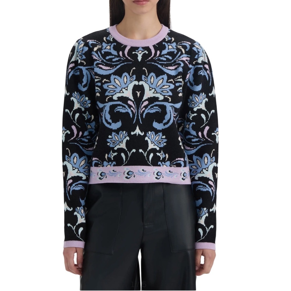 NVLT Damask Floral Jacquard Crewneck Sweater Black‎ Lilac Blue Small NWT